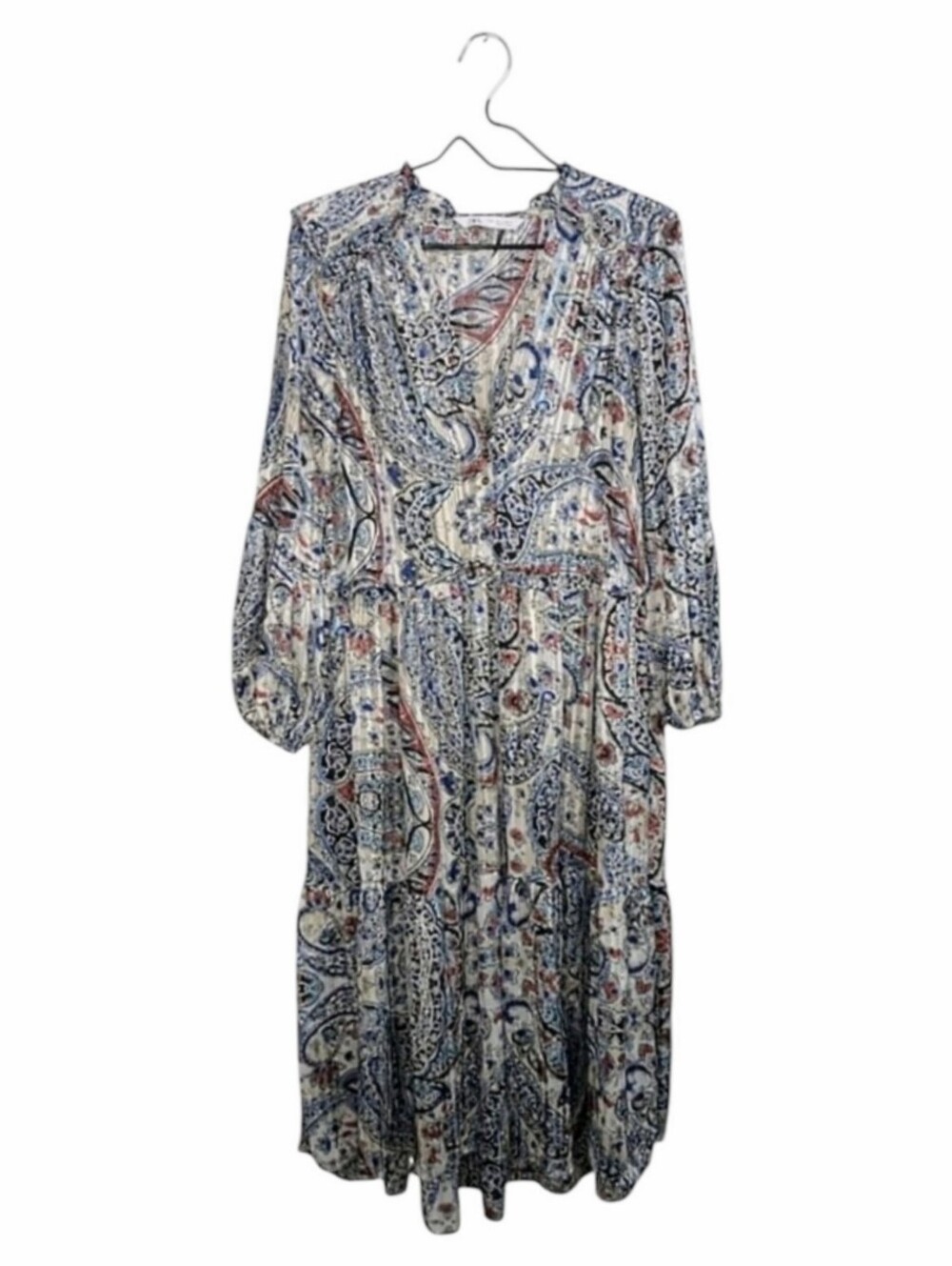 Zara Cream Blue Paisley Midi Dress Size M Metallic Threads Pleated Long Sleeve